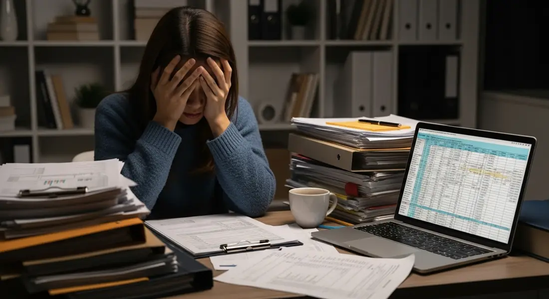 A person overwhelmed by paperwork at a desk